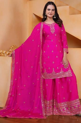 pink  designer silk blend  embroidery sharara suit set and dupatta for women's