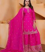 pink  designer silk blend  embroidery sharara suit set and dupatta for women's