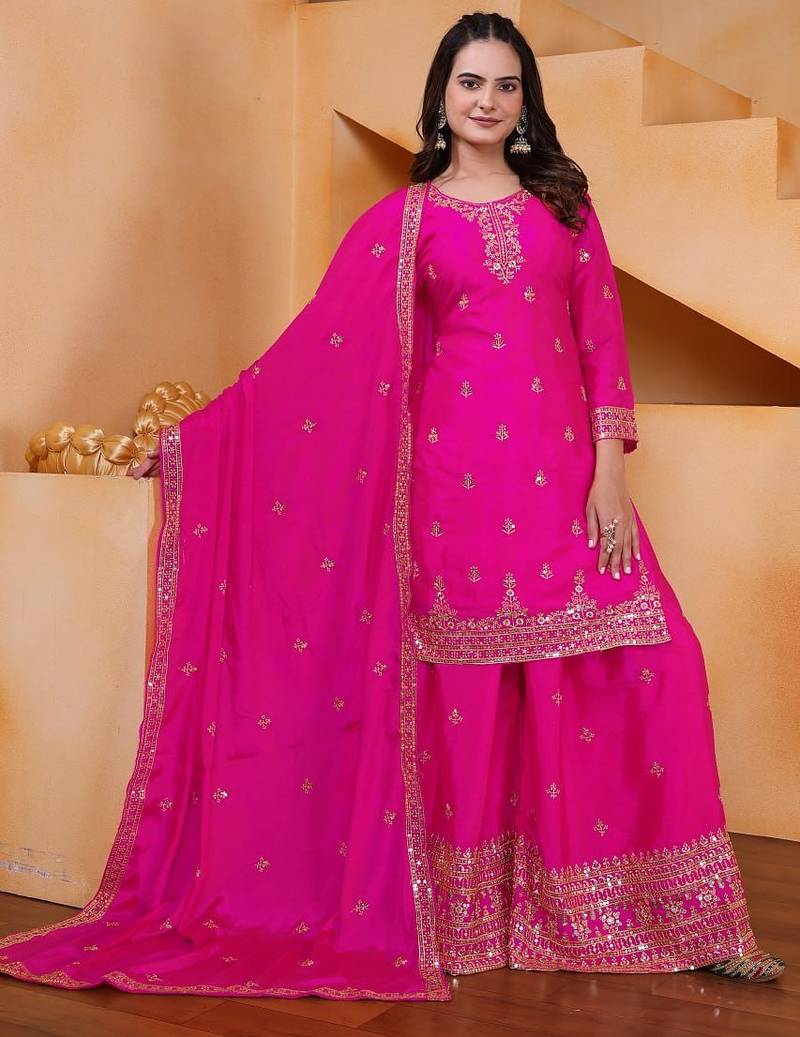 pink  designer silk blend  embroidery sharara suit set and dupatta for women's