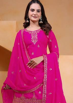 pink  designer silk blend  embroidery sharara suit set and dupatta for women's 3