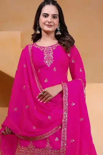 pink  designer silk blend  embroidery sharara suit set and dupatta for women's