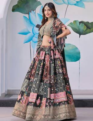 BLACK CHINNON SILK DIGITAL PRINT & ZARI DORI EMBROIDERED STITCHED LEHENGA CHOLI 4