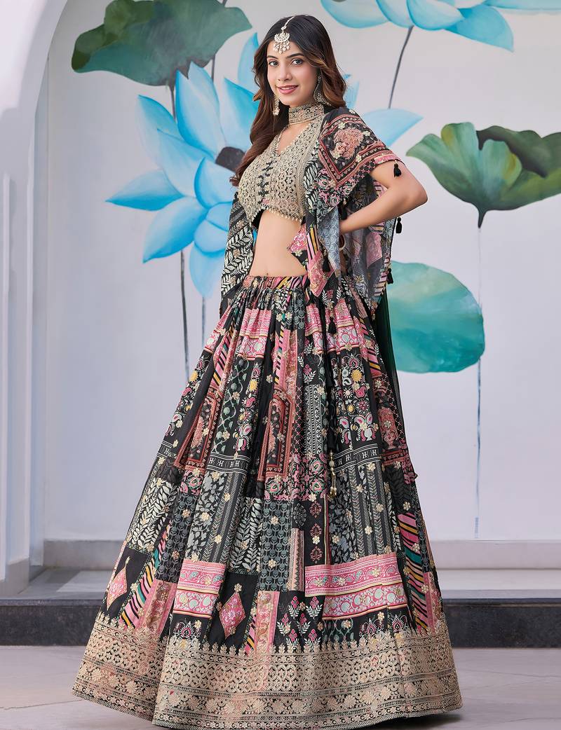 BLACK CHINNON SILK DIGITAL PRINT & ZARI DORI EMBROIDERED STITCHED LEHENGA CHOLI