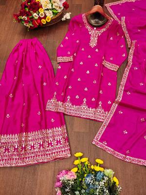 pink  designer silk blend  embroidery sharara suit set and dupatta for women's 5