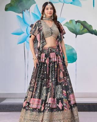 BLACK CHINNON SILK DIGITAL PRINT & ZARI DORI EMBROIDERED STITCHED LEHENGA CHOLI 5