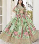 GREEN CHINNON SILK DIGITAL PRINT & ZARI DORI EMBROIDERED STITCHED LEHENGA CHOLI