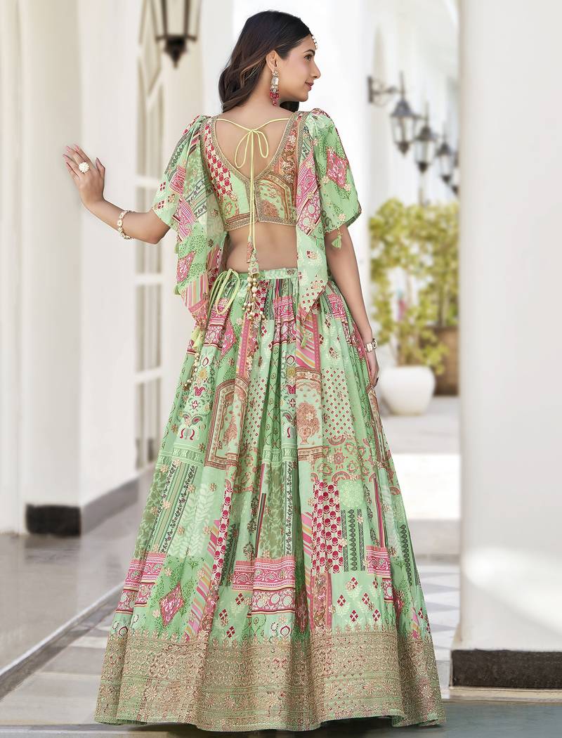 GREEN CHINNON SILK DIGITAL PRINT & ZARI DORI EMBROIDERED STITCHED LEHENGA CHOLI