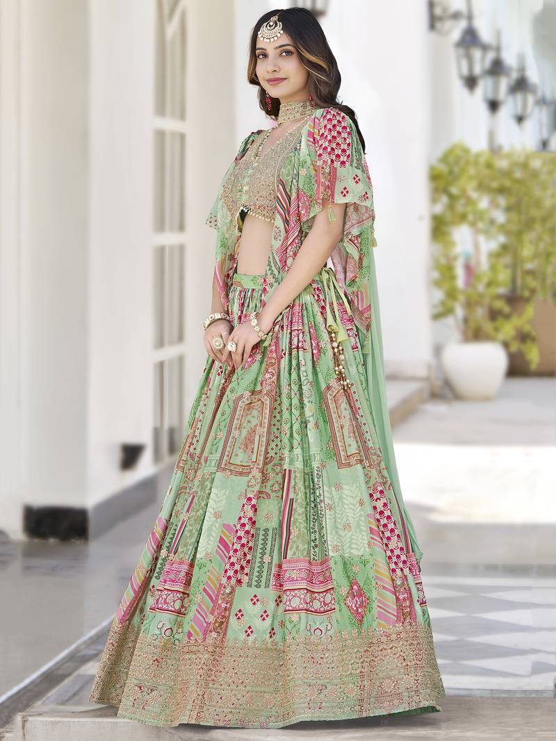GREEN CHINNON SILK DIGITAL PRINT & ZARI DORI EMBROIDERED STITCHED LEHENGA CHOLI