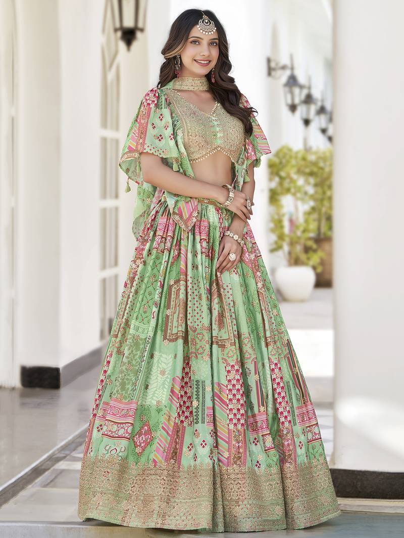 GREEN CHINNON SILK DIGITAL PRINT & ZARI DORI EMBROIDERED STITCHED LEHENGA CHOLI
