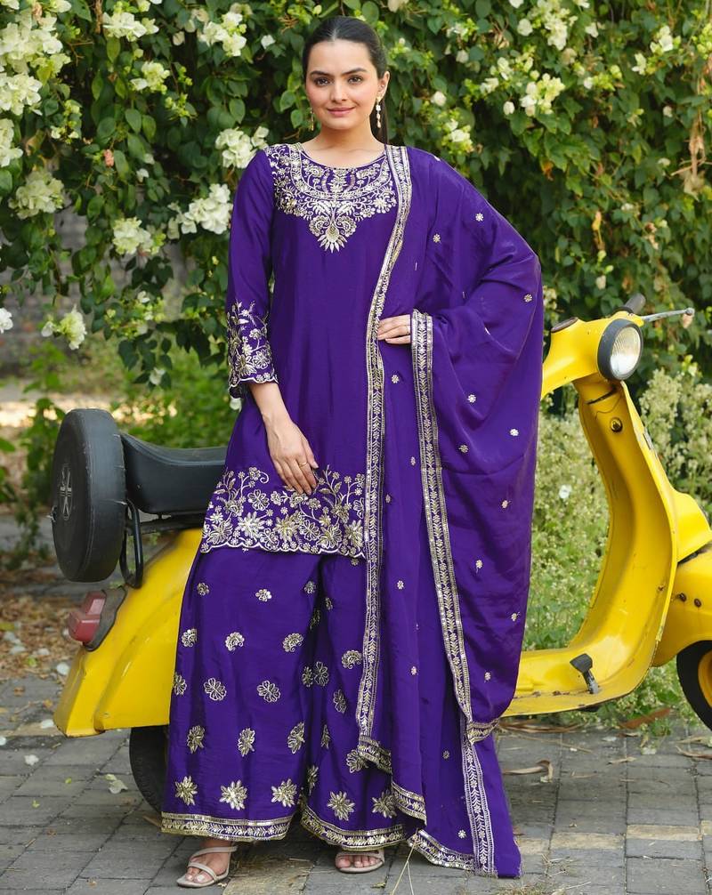 purple  palazzo suit with sequence work for women