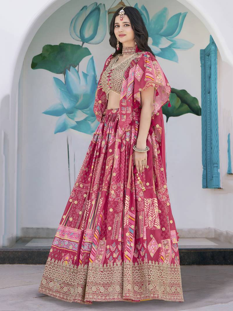 PINK CHINNON SILK DIGITAL PRINT & ZARI DORI EMBROIDERED STITCHED LEHENGA CHOLI