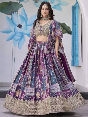 PURPLE CHINNON SILK DIGITAL PRINT & ZARI DORI EMBROIDERED STITCHED LEHENGA CHOLI 1
