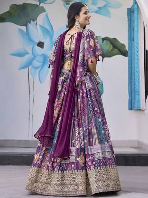 PURPLE CHINNON SILK DIGITAL PRINT & ZARI DORI EMBROIDERED STITCHED LEHENGA CHOLI 3