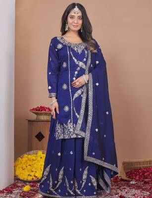  navy blue silk blend  embroidery party wear suit for women's 1