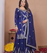  navy blue silk blend  embroidery party wear suit for women's
