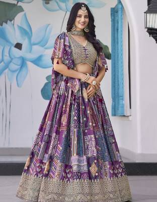 PURPLE CHINNON SILK DIGITAL PRINT & ZARI DORI EMBROIDERED STITCHED LEHENGA CHOLI 5