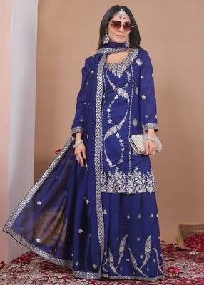  navy blue silk blend  embroidery party wear suit for women's 2