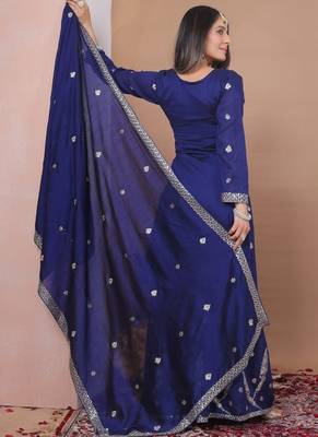  navy blue silk blend  embroidery party wear suit for women's 4