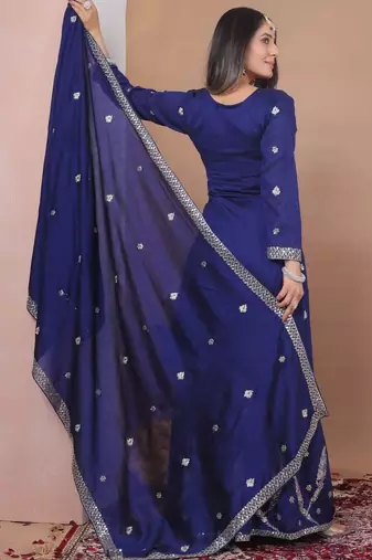  navy blue silk blend  embroidery party wear suit for women's
