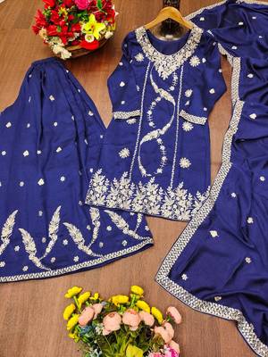  navy blue silk blend  embroidery party wear suit for women's 5