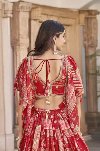 RED CHINNON SILK DIGITAL PRINT & ZARI DORI EMBROIDERED STITCHED LEHENGA CHOLI