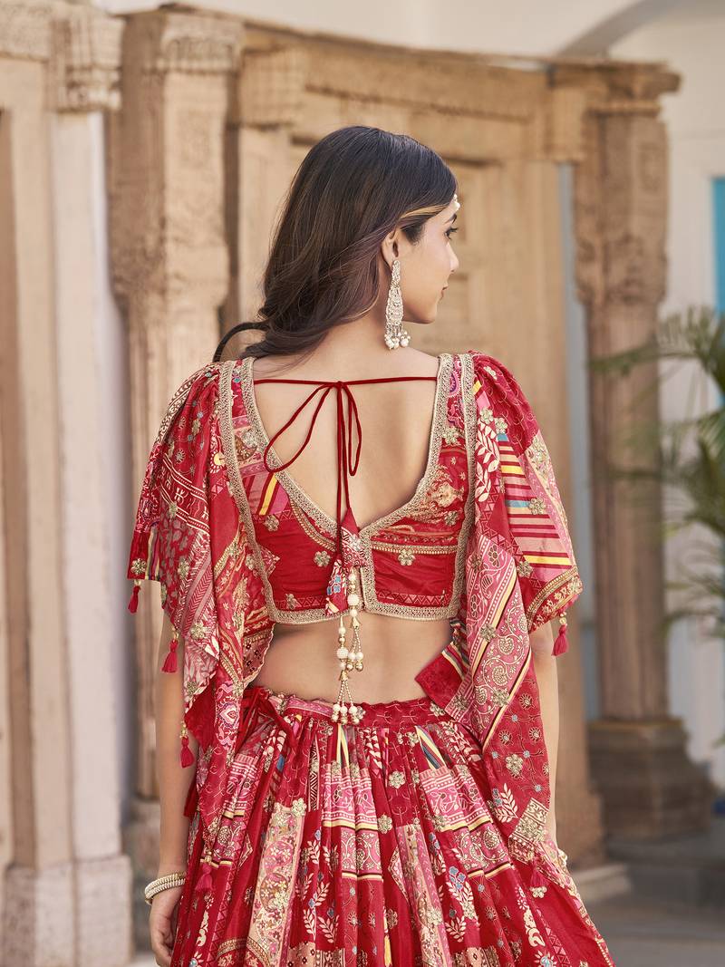 RED CHINNON SILK DIGITAL PRINT & ZARI DORI EMBROIDERED STITCHED LEHENGA CHOLI