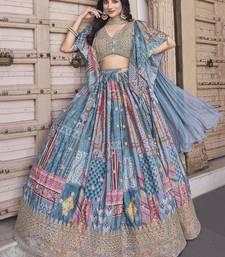 SKY BLUE CHINNON SILK DIGITAL PRINT & ZARI DORI EMBROIDERED STITCHED LEHENGA CHOLI