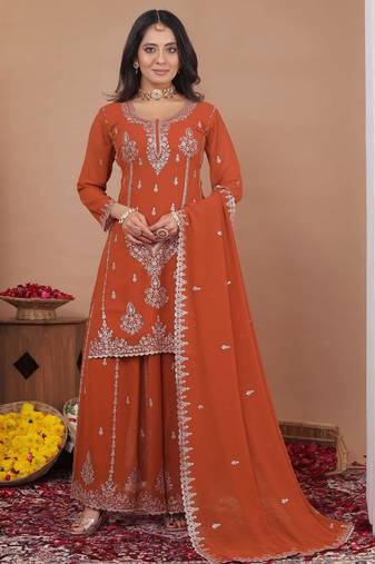 orange color faux georgette wedding wear trending plazo set stitched for women's