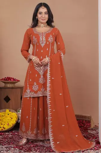 orange color faux georgette wedding wear trending plazo set stitched for women's