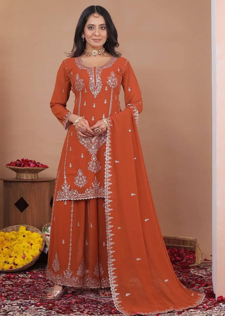 orange color faux georgette wedding wear trending plazo set stitched for women's