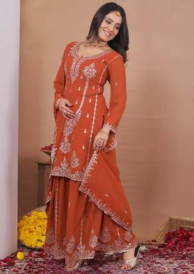 orange color faux georgette wedding wear trending plazo set stitched for women's 2
