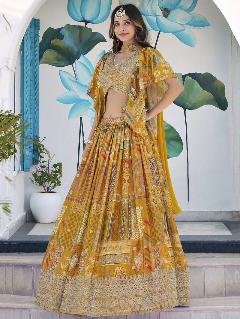 YELLOW CHINNON SILK DIGITAL PRINT & ZARI DORI EMBROIDERED STITCHED LEHENGA CHOLI