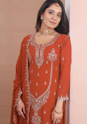 orange color faux georgette wedding wear trending plazo set stitched for women's 3