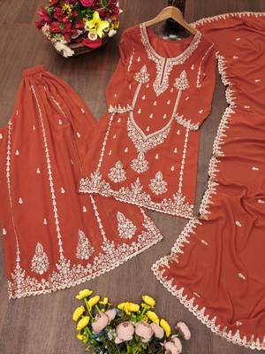 orange color faux georgette wedding wear trending plazo set stitched for women's 5