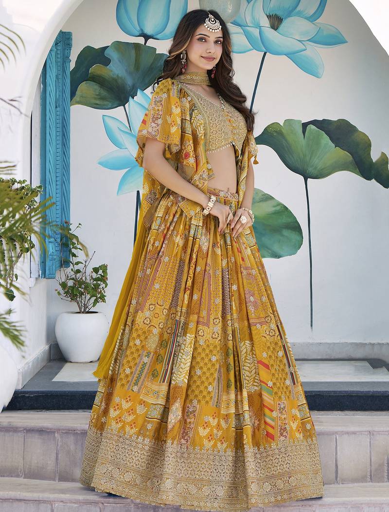 YELLOW CHINNON SILK DIGITAL PRINT & ZARI DORI EMBROIDERED STITCHED LEHENGA CHOLI
