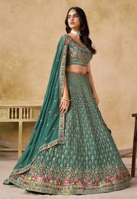 TURQUOISE SEQUINS & THREAD EMBROIDERED GEORGETTE STITCHED LEHENGA CHOLI 3