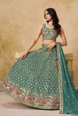TURQUOISE SEQUINS & THREAD EMBROIDERED GEORGETTE STITCHED LEHENGA CHOLI 4