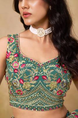 TURQUOISE SEQUINS & THREAD EMBROIDERED GEORGETTE STITCHED LEHENGA CHOLI 5