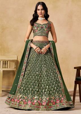 GREEN SEQUINS & THREAD EMBROIDERED GEORGETTE STITCHED LEHENGA CHOLI 1
