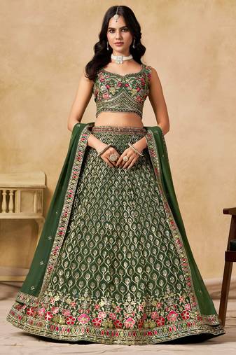 GREEN SEQUINS & THREAD EMBROIDERED GEORGETTE STITCHED LEHENGA CHOLI