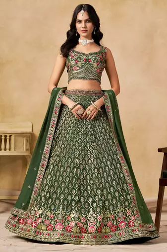 GREEN SEQUINS & THREAD EMBROIDERED GEORGETTE STITCHED LEHENGA CHOLI