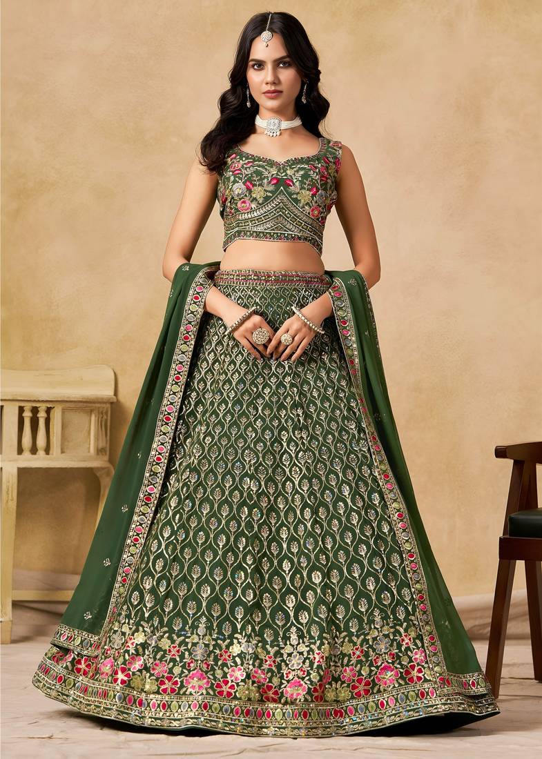 GREEN SEQUINS & THREAD EMBROIDERED GEORGETTE STITCHED LEHENGA CHOLI