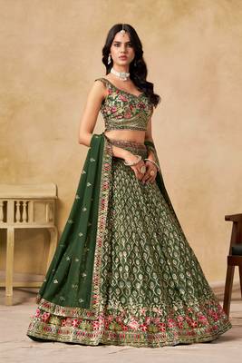 GREEN SEQUINS & THREAD EMBROIDERED GEORGETTE STITCHED LEHENGA CHOLI 3