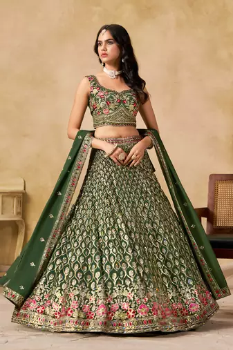 GREEN SEQUINS & THREAD EMBROIDERED GEORGETTE STITCHED LEHENGA CHOLI