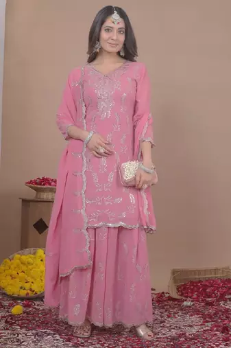 light pink georgette sequin embroidered sharara suit stitched for women's