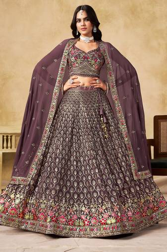 LIGHT PURPLE SEQUINS & THREAD EMBROIDERED GEORGETTE STITCHED LEHENGA CHOLI
