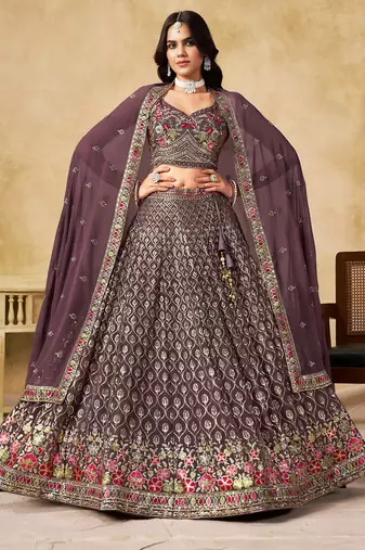 LIGHT PURPLE SEQUINS & THREAD EMBROIDERED GEORGETTE STITCHED LEHENGA CHOLI