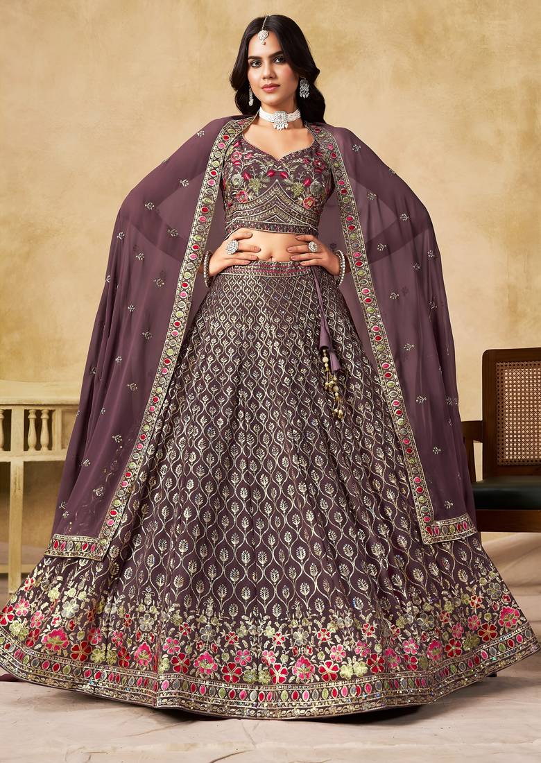 LIGHT PURPLE SEQUINS & THREAD EMBROIDERED GEORGETTE STITCHED LEHENGA CHOLI