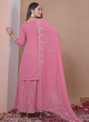 light pink georgette sequin embroidered sharara suit stitched for women's 4