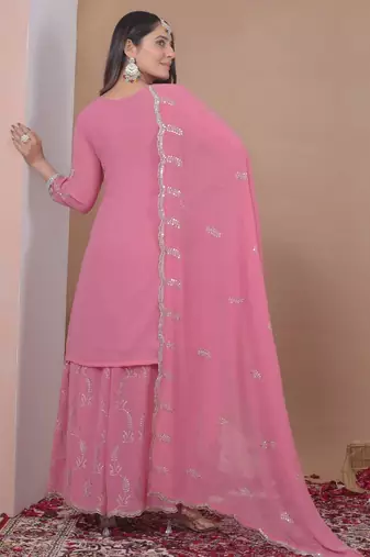 light pink georgette sequin embroidered sharara suit stitched for women's